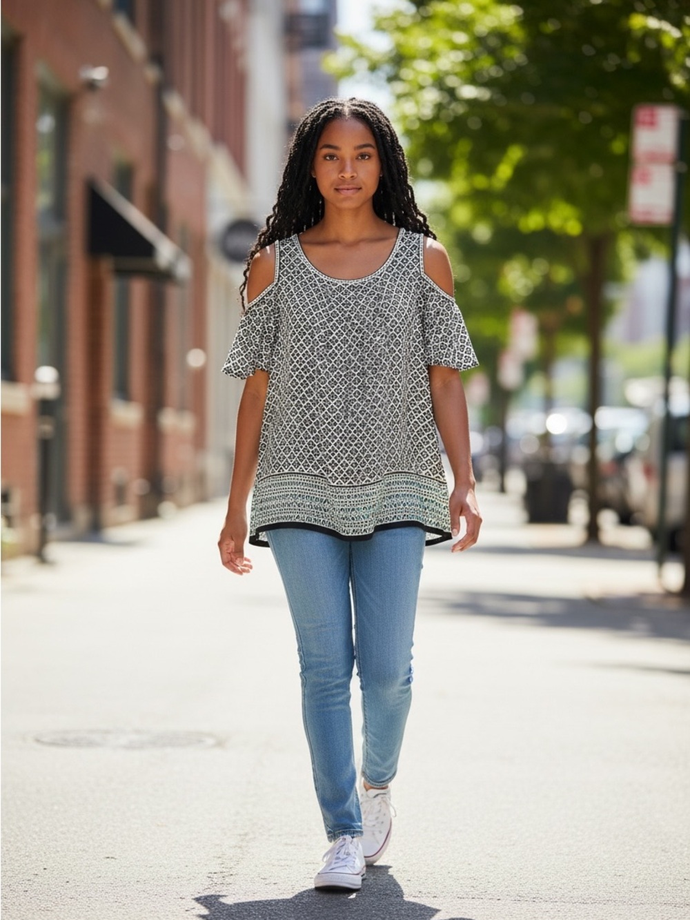 Max Studio Cold Shoulder Geometric Print Top S